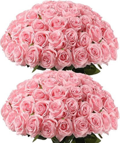Kisflower 60 Pcs Pink Roses Artificial Flowers Bulk, Silk Roses with Stems Realistic Roses Artificial for Decoration DIY Wedding Bouquet Bridal Shower Party Home Table Centerpieces Decor (Pink)