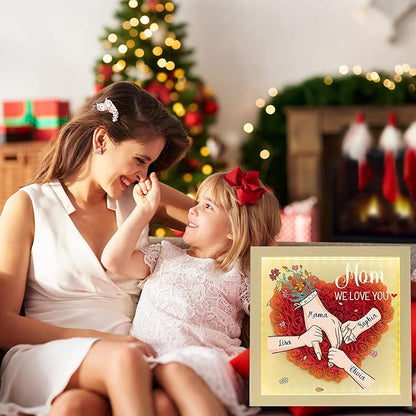 Personalized Mom Flower Shadow Box With LED Light Holding Hand Flower Shadow Box Light Up Frame With Kid's Name Mothers Day Gifts for MOM Grandma Family Birthday (Hand In Hand)