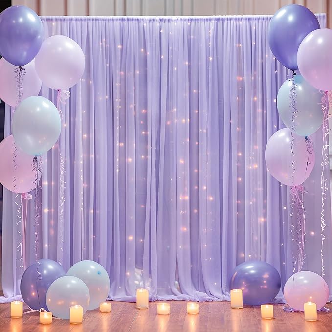 20ft x 10ft Purple Backdrop Curtain with Lights String for Parties, Sheer Tulle Wedding Photo Backdrops Drapes for Baby Shower Birthday Party Decorations Background for Photography