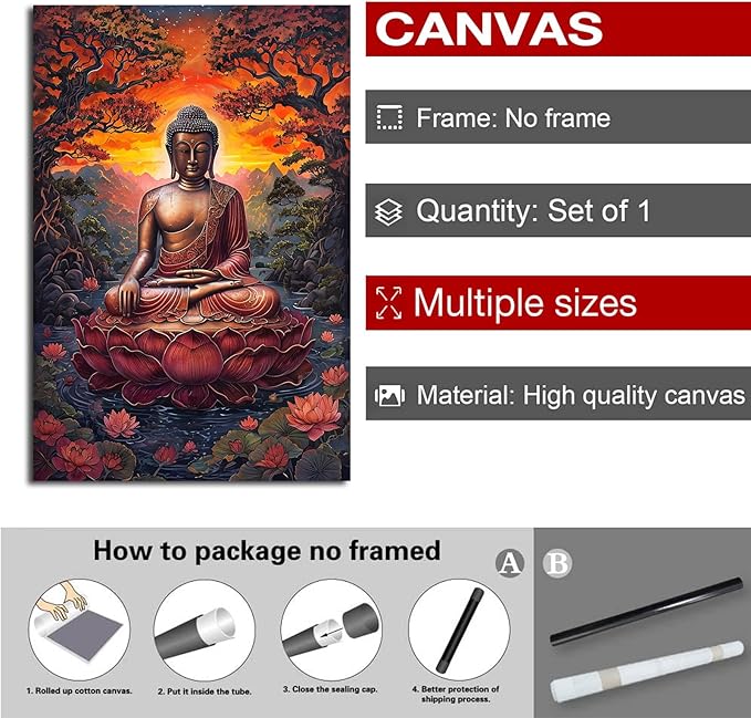 Golden Buddha on lotus seat serene meditation statue amidst lush trees flowing water and sunrise light spiritual home art for a tranquil decor 12x18in Frameless