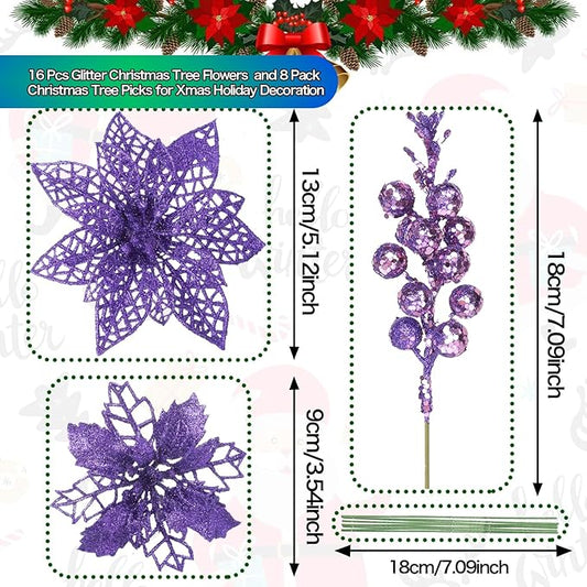 22Pcs Christmas Poinsettia Artificial Flowers and Glitter Berries Stems Kit, 16Pcs Glitter Christmas Tree Flowers Ornaments and 6 Pack Christmas Tree Picks for Wedding Xmas Holiday Decorations(Purple)