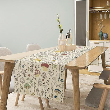 Mushroom Table Runner, Boho Floral Rustic Wildflower Herbs Plants Colorful Botanical Green Leaves Table Runner for Home Party Indoor Outdoor Decor Kitchen Dining Table, 13x70inch