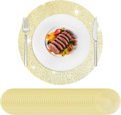 Hysenm 100 Pcs Disposable Gold Placemats Set Metallic 13 Inch Round Foil Mesh Pressed Table Doilies, Ultra-Thin Disposable Placement Mats for Home Decoration Dining Table Wedding Birthday Party