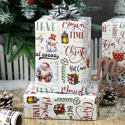 MAYPLUSS Christmas Wrapping Paper Roll - 17 In x 33 Feet - Cute Watercolor Santa Claus Snowman Christmas Gift Wrap Paper for New Year, Holiday, Kids