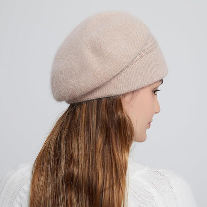 Flower Women Beret, Double Layer Thickened Winter Knitted Beanie Beret Hat, Stylish French Dress Beret Hats for Women