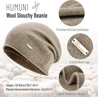 100% Wool Slouchy Beanie, Warm Beanie Hats for Women Breathable Knitting Skull Beanies Cap for Spring Fall Winter