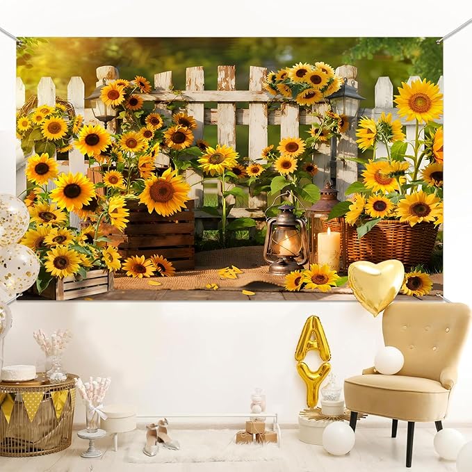 Rustic Sunflowers Backdrop Rustic Wooden Fence Sunflower Floral Photography Background for for Girls Woman Garden Party Banner Decoraitons Portrait Photo Booth Studio Props 10x7ft FU042DX