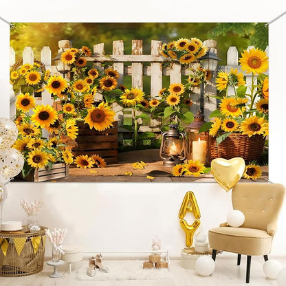 Rustic Sunflowers Backdrop Rustic Wooden Fence Sunflower Floral Photography Background for for Girls Woman Garden Party Banner Decoraitons Portrait Photo Booth Studio Props 10x7ft FU042DX
