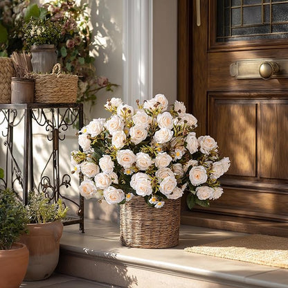 Artificial Rose Flowers for Outdoor 4 Bundles Rose Bouquet with Daisy Faux Flowers UV Resistant for Home Indoor Outside Garden Porch Window Box Balcony Yard Porch Fall Decor (White)