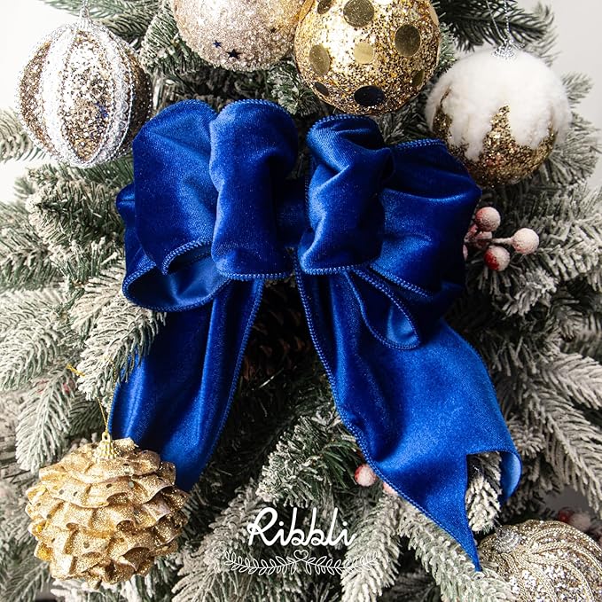 Ribbli Royal Blue Velvet Wired Ribbon 4 Inch Velvet with Satin Christmas Ribbon for Gift Wrapping Christmas Tree Decoration Crafts Wreaths Supplies-Continuous 10 Yards
