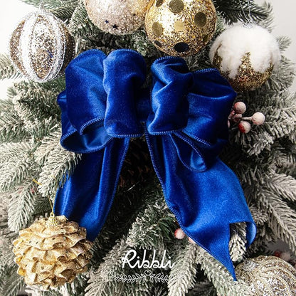 Ribbli Royal Blue Velvet Wired Ribbon 4 Inch Velvet with Satin Christmas Ribbon for Gift Wrapping Christmas Tree Decoration Crafts Wreaths Supplies-Continuous 10 Yards