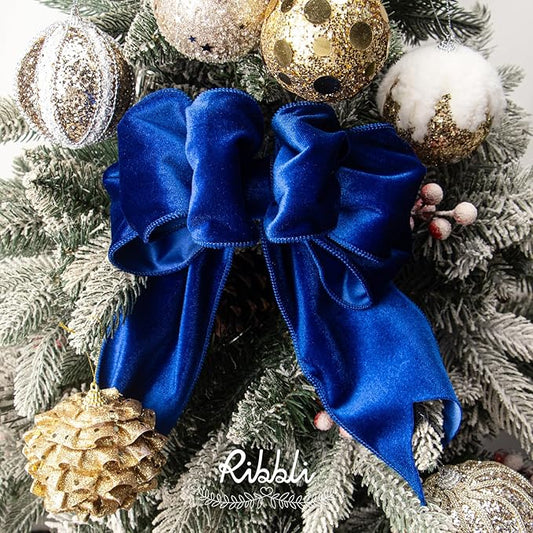 Ribbli Royal Blue Velvet Wired Ribbon 4 Inch Velvet with Satin Christmas Ribbon for Gift Wrapping Christmas Tree Decoration Crafts Wreaths Supplies-Continuous 10 Yards