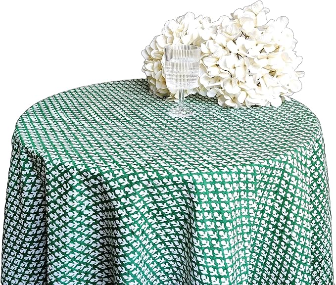 ATOSII Queen Green 100% Cotton Round Tablecloth, Handblock Print Floral Table Cloth for Kitchen Dining Linen I Parties, Weddings, Outdoors, Christmas, Thanksgiving I Fall Home Decor 60" Inches Round