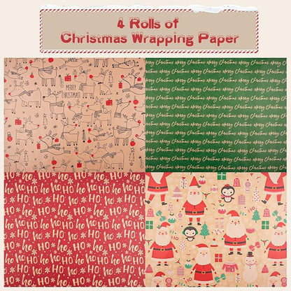 Happypapa Christmas Wrapping Paper, Kraft Xmas Wrapping Paper Rolls - Santa Claus, Gift, Reindeer and Merry Christmas Pattern - 4 Rolls - 17 Inch × 120 Inch Per Roll