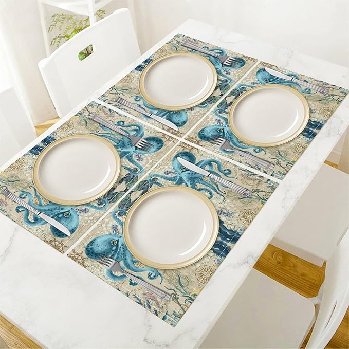 Nautical Placemats Beach Ocean Starfish Seashell Octopus Art Printed Dining Table Mats Set of 4 for Restaurant Home Kitchen Holiday Picnic Party Decor 12x18in