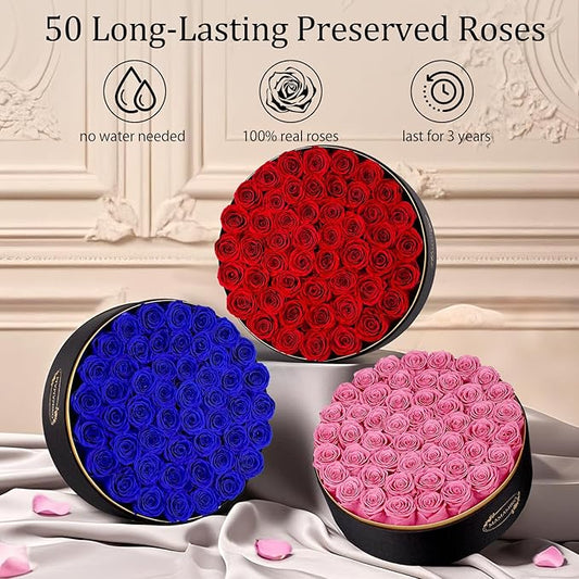 50 Preserved Roses in a Gift Box for Her - Forever Flowers for Delivery, Eternal Rose Mothers Gifts for Mom, Wife Anniversary Birthday Gifts for Women, Pink