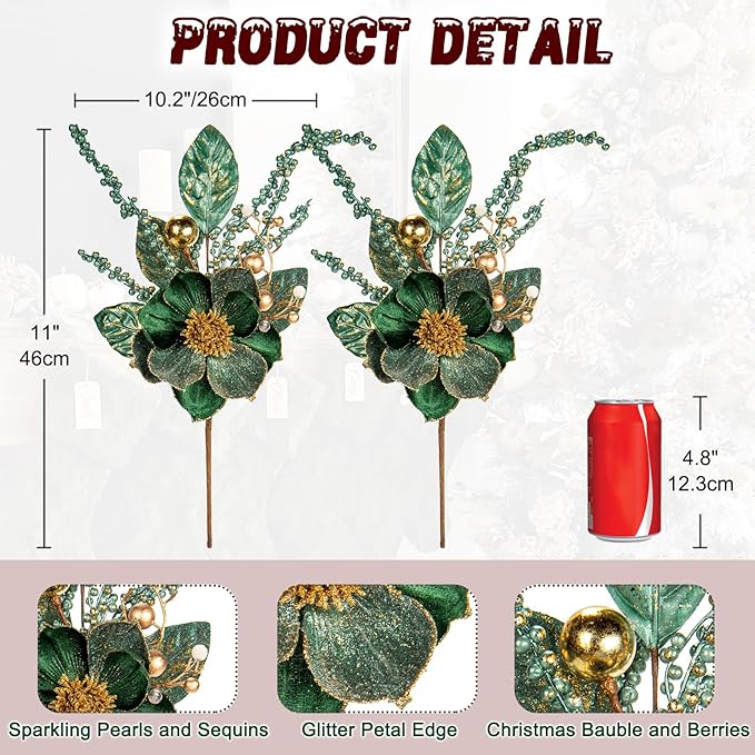 Briful 2PCS Christmas Glitter Magnolia Flowers Picks and Spray with Christmas Balls Ornament Berries Green Leaves Branches for Xmas Tree Wreath Vase Table Centerpiece(Green Gold)