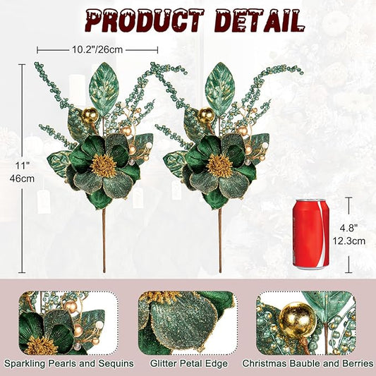 Briful 2PCS Christmas Glitter Magnolia Flowers Picks and Spray with Christmas Balls Ornament Berries Green Leaves Branches for Xmas Tree Wreath Vase Table Centerpiece(Green Gold)
