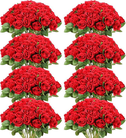 Hotop 120 Pcs Roses Artificial Flowers in Bulk,Long Stem Artificial Flower Bouquet,Silk Real Touch Fake Rose for Wedding Party Table Centerpieces Decor Valentines Gifts(Red)