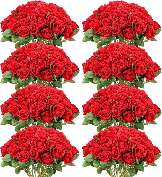 Hotop 120 Pcs Roses Artificial Flowers in Bulk,Long Stem Artificial Flower Bouquet,Silk Real Touch Fake Rose for Wedding Party Table Centerpieces Decor Valentines Gifts(Red)
