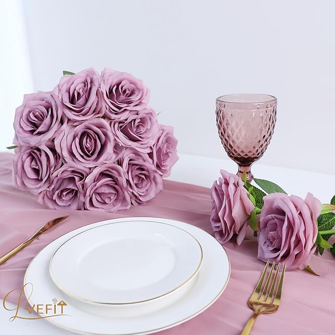 12pcs Artificial Rose Flower Mauve Rose Flower with Long Stem Silk Roses Bouquet for Wedding Bridal Shower Party Home Decoration