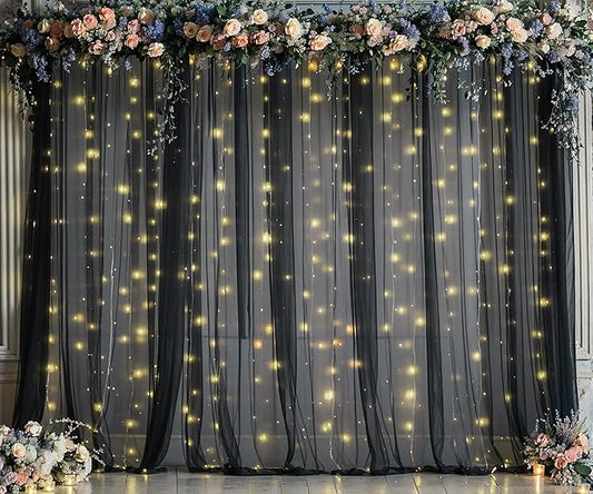 20ft x 10ft Black Tulle Photo Backdrop Curtain with Lights String for Parties Sheer Black Curtain Backdrop for Birthday Party Baby Shower Wedding Photo Booth Photography Background Decorations