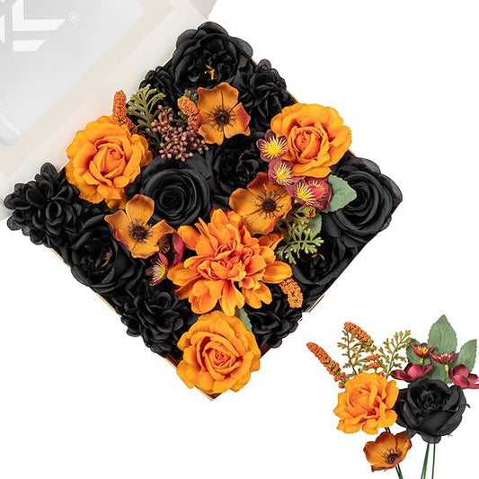 FANKO Artificial Flowers Black Rose: Mixed Fake Silk Flowers Combo Orange Rose & Dahlia Vintage Assorted Blooms for DIY Wedding Bridal Bouquets/Centerpieces/Halloween Decor