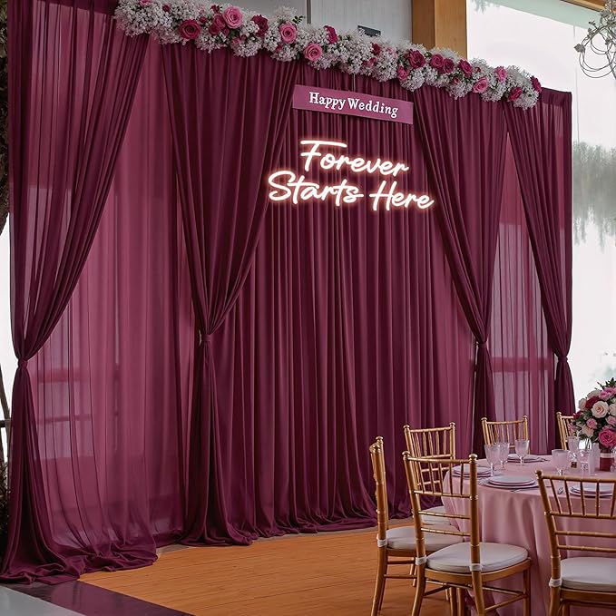 10ft x 10ft Burgundy Backdrop Curtains, Wrinkle-Free Sheer Chiffon Fabric Photo Backdrop Drapes for Wedding Arch Party Ceremony Stage Photography Decorations