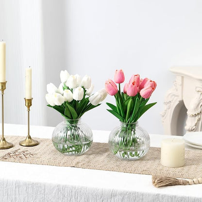 Round Glass Vases, Set of 2 Small Vases for Flowers, Clear Glass Vase for Tulips, Modern Vase for Living Room, Office, Coffee Table, Shelf, Wedding, 5 Inches