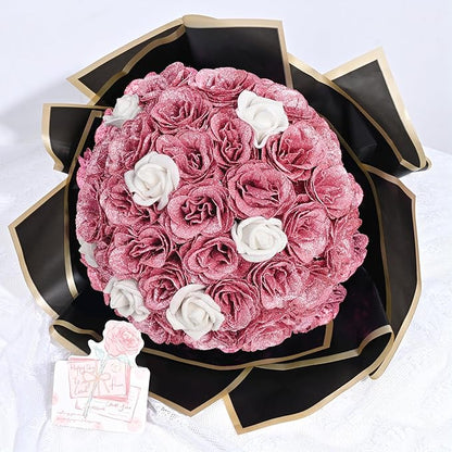 36+20 Glitter Roses Bouquet, DIY Fake Flowers Bouquet, Craft The Initials of Your Loves' Name with Artificial Rose for Valentines, Anniversary, Wedding, Rose Gold & White