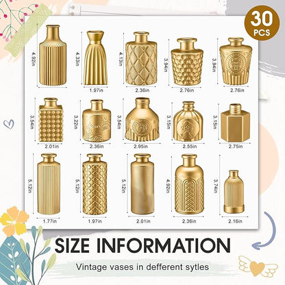 Yaomiao 30 Pcs Vases Bulk Colored Flower Glass Christmas Vases Bud Vintage Colored Glass Bottles Colorful Rustic Embossed for Home Wedding Table Decorations Gifts(Gold Series)