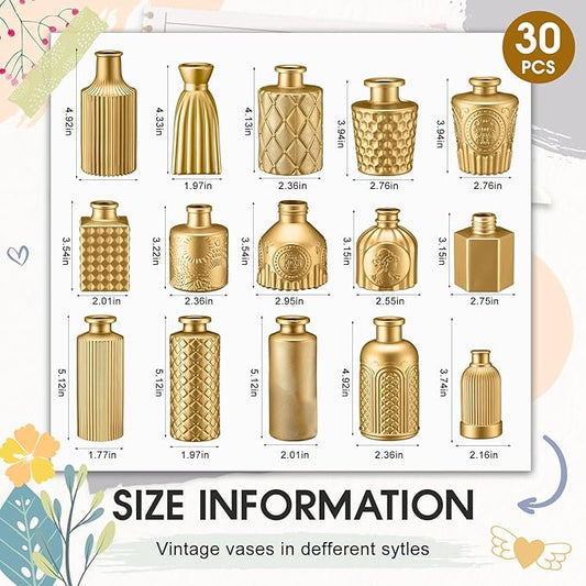Yaomiao 30 Pcs Vases Bulk Colored Flower Glass Christmas Vases Bud Vintage Colored Glass Bottles Colorful Rustic Embossed for Home Wedding Table Decorations Gifts(Gold Series)