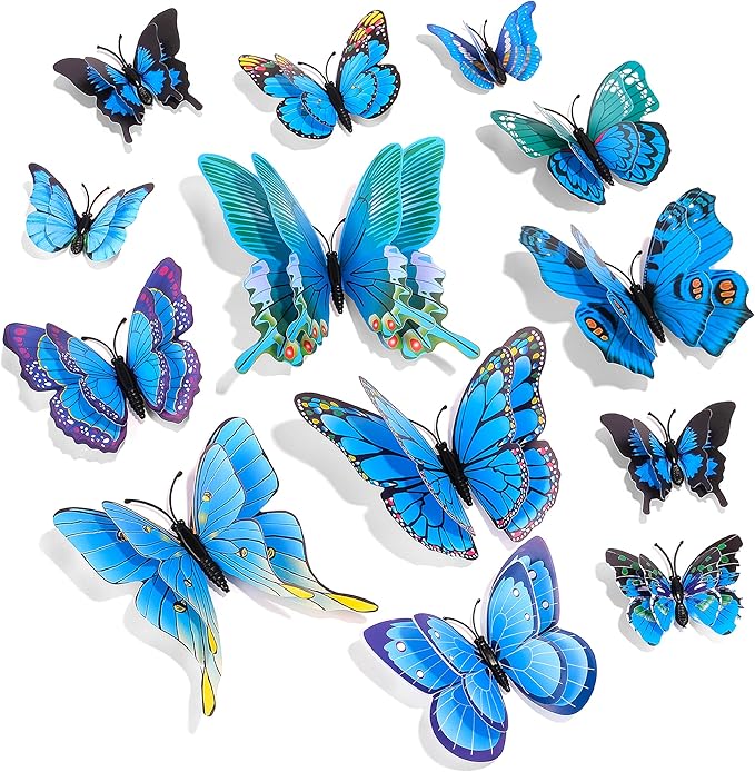 SAOROPEB 3D Butterfly Wall Decor, 24 Pcs Double Layer Butterfly Decorations for Party Decorations Locker Decor Refrigerator Decal, Reusable (Blue)