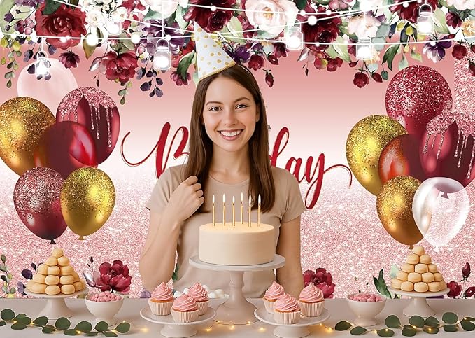 LTLYH 7x5ft Happy Birthday Decorations Women Girls Birthday Party Backdrop Glitter Pink Floral Party Banner Background Elegant Rose Gold Birthday Decorations Backdrop 178 ﻿