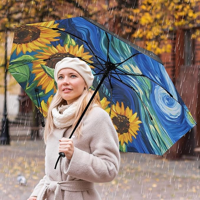 Automatic Folding Umbrella Windproof Strong, UV Protection Compact Floral Hydrangea Hummingbird Sun Rain Sun Rain Travel Umbrellas for Women Men