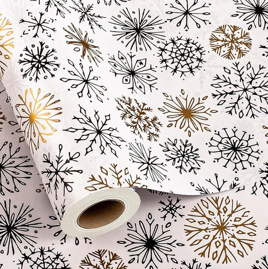 MAYPLUSS Christmas Gift Wrapping Paper Roll - 17 Inch X 33 Feet - Minimalistic Elegant Snowflake Flurry with Gold Design Winter Holiday Gift Wrap Sheet for Party, DIY Crafts & Festive Decoration