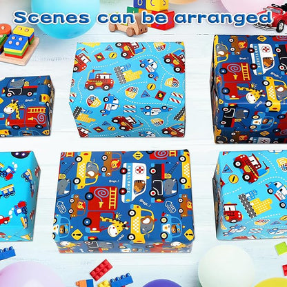 BWLOIES Wrapping Paper for Kids Boys Birthday Wrapping Paper Sheets with Police Car Fire Trucks Crane Ambulance Giraffe Elephant Children Birthday Gift Wrap Set with Tags Ribbion