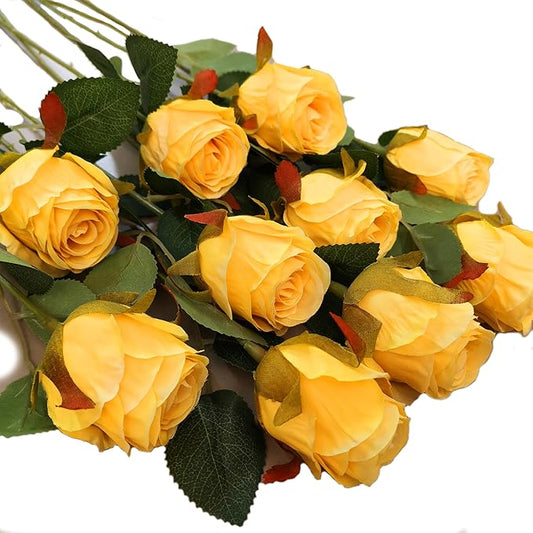 Artificial Roses 10 Pcs - Lifelike Single Stem Fake Roses with Natural Petal Texture,Fade-Resistant Silk Flowers for Wedding Decor,Home Vase Arrangements,Party Centerpieces(10, Yellow)