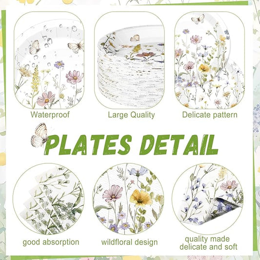 250 Pcs Wildflower Party Decorations Include Spring Summer Floral Paper Plates Napkins and Cups for Wildflower Baby Shower Tea Decorations, Serve 50 Guest(Light Color,Elegant Style)