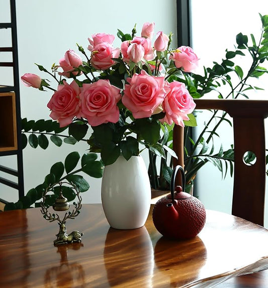 Pink Roses Artificial Flowers Indoor,Realistic Fake Flowers 5 Bouquets (15 Heads) for Living Room Decor,Real Touch Fake Plants for Bathroom Kitchen Office Wedding Centerpiece Table Bridal Shower Decor