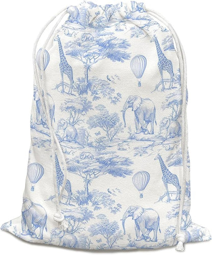 DSHFG Light Blue Birthday Drawstring Gift Bags, Safari Toile Chinoiserie Animals Baby Shower Drawstring Gift Bags Canvas, Blue and White Small Happy Birthday Bag, 10x13 Inch