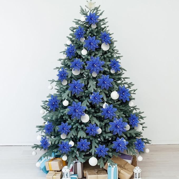 Boao Royal Blue 24 Pieces Poinsettia Flower Christmas Glitter Artificial Poinsettia with Clips Christmas Tree Ornament Decorations for DIY Xmas Wreath Holiday Home Party Decor, 3/4/6 Inches