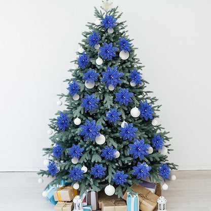 Boao Royal Blue 24 Pieces Poinsettia Flower Christmas Glitter Artificial Poinsettia with Clips Christmas Tree Ornament Decorations for DIY Xmas Wreath Holiday Home Party Decor, 3/4/6 Inches