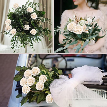 Artificial Flowers 50PCS Champagne Roses Real Looking Foam Fake Roses with Leaves and for DIY Wedding Bouquets Bridal Shower Centerpieces Party Decorations (Champagne)
