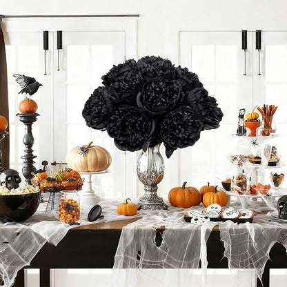 U'Artlines 10 Heads Artificial Peony Silk Flower Leaf Home Office Wedding Party Festival Bar Decor (Black)