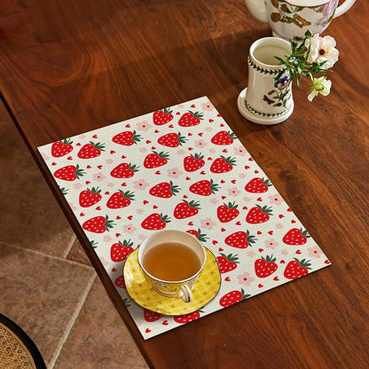 Red Cute Kids Fruit Strawberry Placemats Set of 4, Table Mats Place Mats for Kitchen Dining Table Decoration 16.9x11.4 Inch