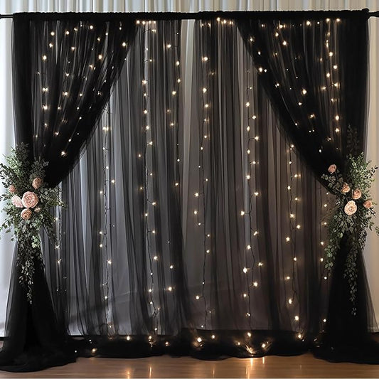 20x10ft Black Tulle Backdrop Curtain with Lights String for Parites, Sheer Backdrop Curtains for Wedding Baby Shower Birthday Party Photo Shoot Decorations