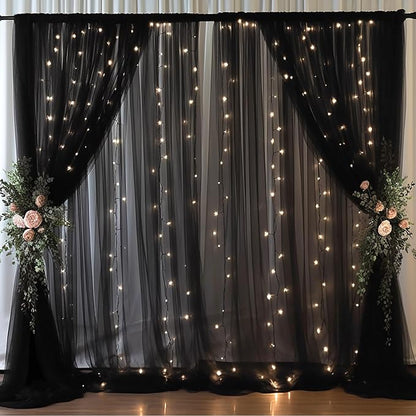 30x10ft Black Tulle Backdrop Curtain with Lights String for Parites, Sheer Backdrop Curtains for Wedding Baby Shower Birthday Party Photo Shoot Decorations
