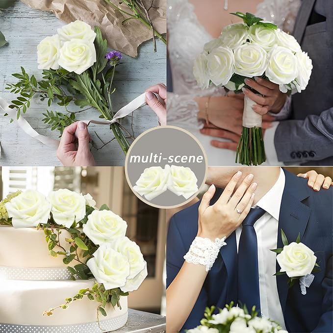 100PCS Artificial Flowers Milk White Roses Real Looking Foam Fake Roses with Leaves and for DIY Wedding Bouquets Bridal Shower Centerpieces Party Decorations (Ivory, 100)