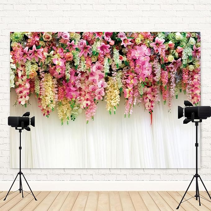 15x10ft Pink Floral Backdrop White Curtain Wedding Reception Photography Background Colorful Flowers Anniversary Bridal Shower Decorations Birthday Party Baby Shower Portrait Photo Booth Prop